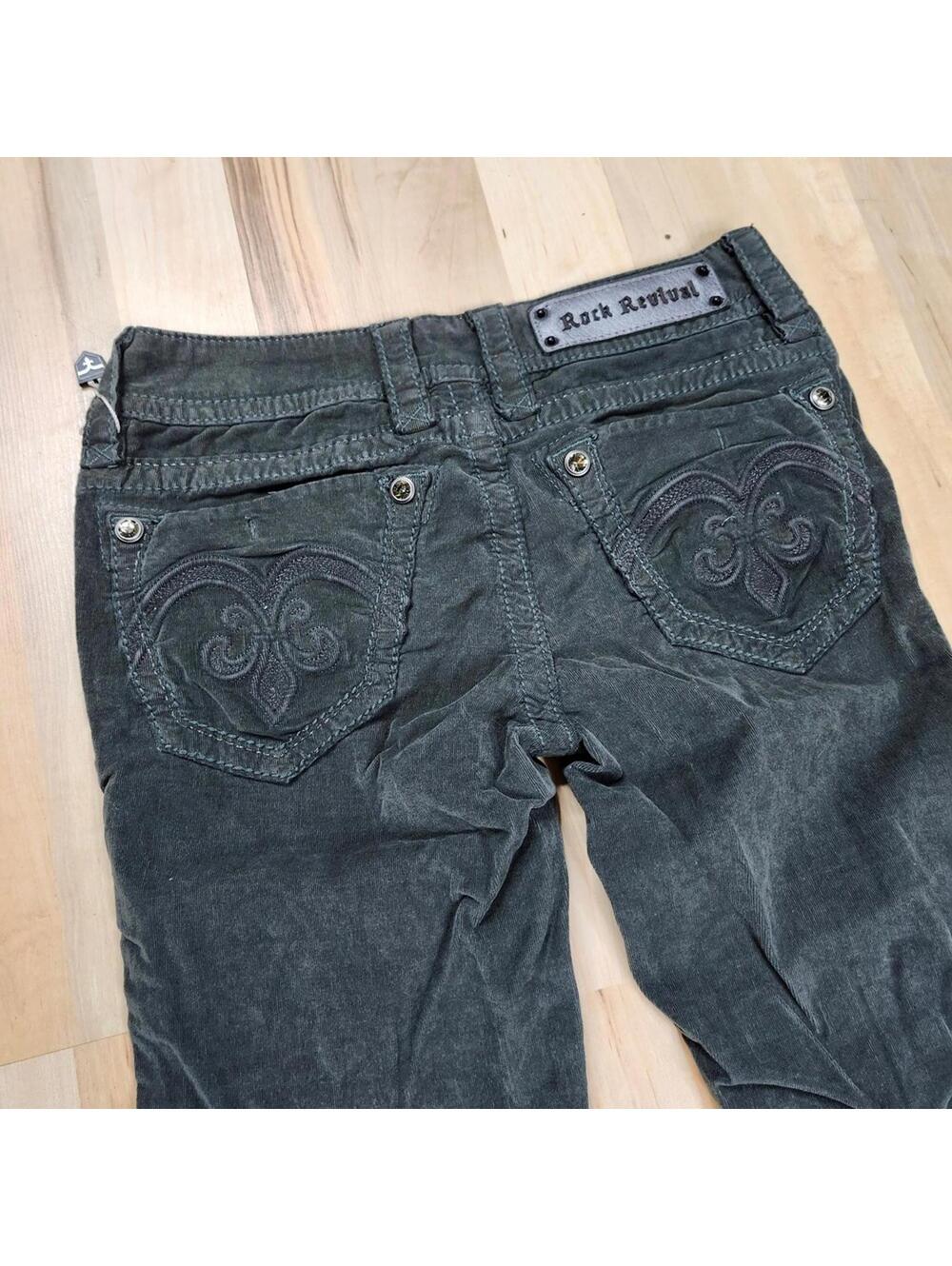 Rock Revival Skinny Jeans 26x32 Low Rise Dark Olive Embroidered Flap Pockets